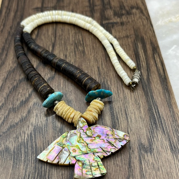 Abalone Fire Bird Eagle Pendant Necklace With Puka Shells Necklace - Picture 9 of 15